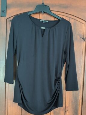 Preston & York Navy Long Sleeve Top with Side Ruching and Bar Accent